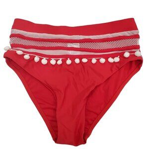 Stylish Swimwear Women's Red White Pom Pom Mesh High Waist Bikini Bottoms NWOT M